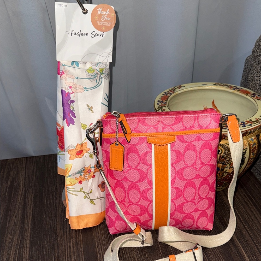 Coach Pink Canvas Crossbody with scarf floral new